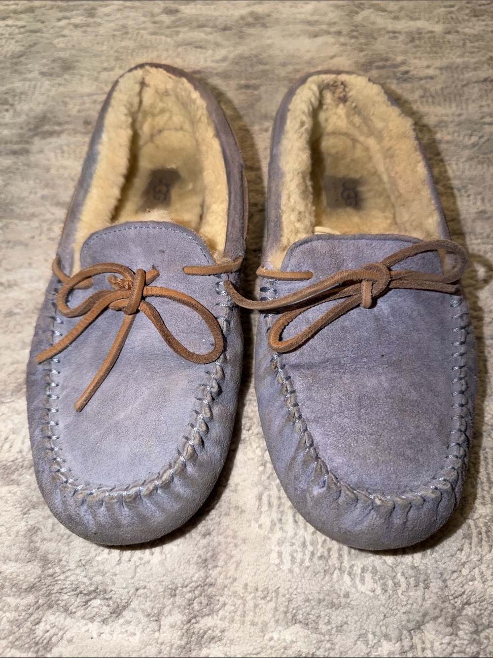 UGG Lavender Suede Shearling Moccasin Slippers